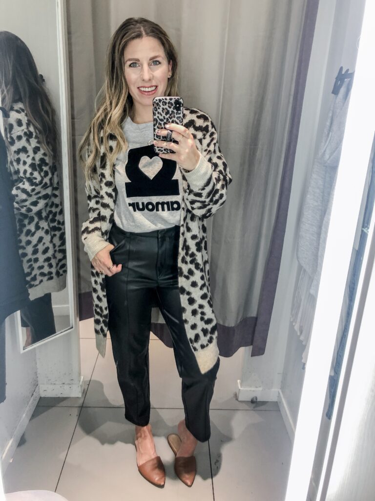 H&M 2019 Fall Collection Graphic Tee + Faux Leather Trousers + Leopard Cardigan 