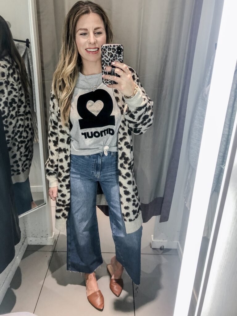 H&M 2019 Fall Collection Graphic Tee + Leopard Cardigan + Wide Leg Cropped Jeans