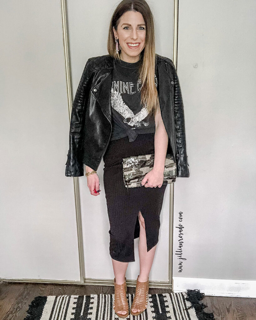 Anine Bing Eagle Graphic Tee | Date Night Outfit | Slit Midi Skirt Outfit | Camo Sequin Clutch